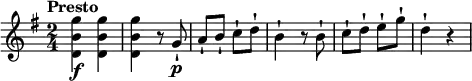 \relative c'' {
\version "2.18.2"
\key g \major
\time 2/4
\tempo "Presto"
<d, b' g'>4\f <d b' g'>
<d b' g'> r8 g\p-!
a-! b-! c-! d-!
b4-! r8 b8-!
c-! d-! e-! g-!
d4-! r
}