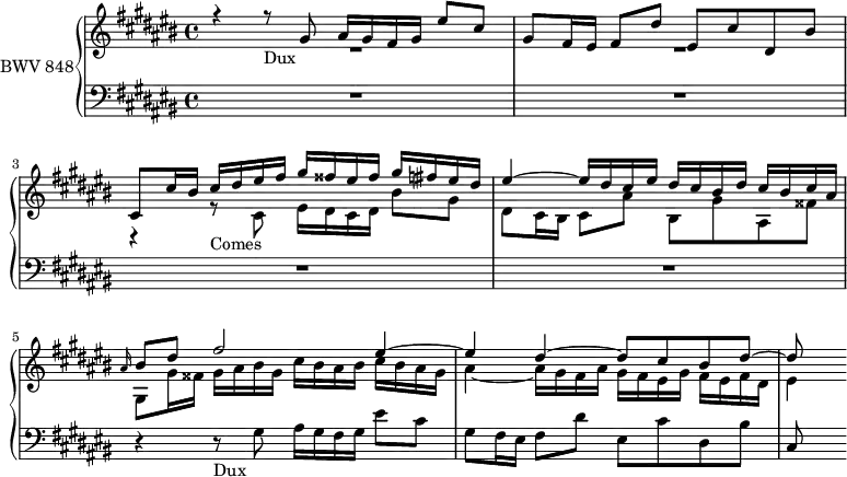 \version "2.18.2"
\header {
tagline = ##f
}
Dux = { r4 r8_\markup{Dux} gis8 ais16 gis fis gis eis'8 cis gis fis16 eis fis8 dis' eis, cis' dis, bis' cis, }
Comes = { r4 r8_\markup{Comes} cis8 eis16 dis cis dis bis'8 gis dis cis16 bis cis8 ais' bis, gis' ais, fisis' gis, }
ContreSujet = { cis16 bis cis dis eis fis gis fisis eis fisis gis fis eis dis eis4~ eis16 dis cis eis dis cis bis dis cis bis cis ais }
upper = \relative c'' {
\clef treble
\key cis \major
\time 4/4
\tempo 4 = 92 \set Staff.midiInstrument = #"harpsichord"
%% FUGUE CBT I-13, BWV 858, fa-dièse majeur
<< { \Dux \relative c'' \ContreSujet \grace ais'16 bis8 dis fis2 eis4~ eis dis~ dis8 cis bis dis~ dis } \\ { R1*2 \relative c' { \Comes } gis,16 fisis gis ais bis gis cis bis ais bis cis bis ais gis ais4~ ais16 gis fis ais gis fis eis gis fis eis fis dis eis4 } >>
}
lower = \relative c' {
\clef bass
\key cis \major
\time 4/4
\set Staff.midiInstrument = #"harpsichord"
R1*4 \Dux
}
\score {
\new PianoStaff <<
\set PianoStaff.instrumentName = #"BWV 848"
\new Staff = "upper" \upper
\new Staff = "lower" \lower
>>
\layout {
\context {
\Score
\remove "Metronome_mark_engraver"
%\override SpacingSpanner.common-shortest-duration = #(ly:make-moment 1/2)
}
}
\midi { }
}