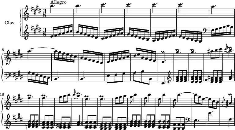 \version "2.18.2"
\header {
tagline = ##f
}
%% les petites notes
trillE = { \tag #'print { e4.\prall } \tag #'midi { \repeat unfold 2 { fis32 e } fis e~ e8. } }
trillEFinPhrase = { \tag #'print { e4.\prall } \tag #'midi { \repeat unfold 2 { fis32 e } fis \tempo 4. = 72 e~ e8. \tempo 4. = 80 }}
trillGisUp = { \tag #'print { gis'4.\prall } \tag #'midi { \repeat unfold 2 { a32 gis } a gis~ gis8. } }
trillGis = { \tag #'print { gis4.\prall } \tag #'midi { \repeat unfold 2 { a32 gis } a gis~ gis8. } }
trillFis = { \tag #'print { fis4.\prall } \tag #'midi { \repeat unfold 2 { gis32 fis } gis fis~ fis8. } }
trillA = { \tag #'print { a4.\prall } \tag #'midi { \repeat unfold 2 { b32 a } b \tempo 4. = 72 a~ a8. \tempo 4. = 80 } }
trillBAppo = { \tag #'print { \appoggiatura cis16 b4.\prall } \tag #'midi { \repeat unfold 2 { cis32 b } cis \tempo 4. = 72 b~ b8. \tempo 4. = 80 } }
trillAAppo = { \tag #'print { \appoggiatura b16 a4.\prall } \tag #'midi { \repeat unfold 2 { b32 a } b a~ a8. } }
trillAisAppo = { \tag #'print { \appoggiatura b8 ais4.\prall } \tag #'midi { \tempo 4. = 72 \repeat unfold 2 { b32 ais } b \tempo 4. = 50 ais~ ais8. } }
upper = \relative c'' {
\clef treble
\key e \major
\time 3/8
\tempo 4. = 80
\set Staff.midiInstrument = #"harpsichord"
b'4.^\markup{Allegro} b cis cis cis cis a a~ a16 gis fis e dis cis | b a gis fis e dis | e fis gis a b cis | dis e b a gis fis |
% ms. 13
\trillEFinPhrase \trillGisUp \trillGis ais8 b cis | \trillBAppo | \trillFis
% ms. 19
\trillFis | gis8 a b | \trillAAppo | \trillE | \trillE | fis8 gis a | gis b4 |
% ms. 26
fis8 b4 | e,8 b'4 | dis,8 b'4~ | b8 gis e~ | e cis b | \trillAisAppo
}
lower = \relative c' {
\clef bass
\key e \major
\time 3/8
%\omit Staff.TimeSignature
\set Staff.midiInstrument = #"harpsichord"
% **************************************
\clef treble e16 fis gis a b cis | b a gis fis e dis | cis dis e fis gis a | gis fis e dis cis b | a b cis dis e fis |
% ms. 6
e16 dis cis b a gis | \clef bass fis gis a b cis b | a gis fis e dis cis | b4. | b | e8 fis gis |
% ms. 12
a8 b b, | e,4. | \clef treble < e'' gis b >8 q q | < dis gis b >8 q q | < dis fisis ais >8 q q | < gis b >4. | < d fis b >8 q q |
% ms. 19
< cis fis a >8 q q | < cis eis gis >8 q q | < fis a >4. | < cis e a >8 q q | < b e gis >8 q q | < b dis fis >8 q q | < e gis b >8 q q |
% ms. 26
< dis fis b >8 q q | < cis e b' >8 q q | < b fis' >8 q q | \clef bass e,4. | e' | fis, |
}
thePianoStaff = \new PianoStaff <<
\set PianoStaff.instrumentName = #"Clav."
\new Staff = "upper" \upper
\new Staff = "lower" \lower
>>
\score {
\keepWithTag #'print \thePianoStaff
\layout {
#(layout-set-staff-size 17)
\context {
\Score
\override SpacingSpanner.common-shortest-duration = #(ly:make-moment 1/2)
\remove "Metronome_mark_engraver"
}
}
}
\score {
\keepWithTag #'midi \thePianoStaff
\midi { }
}