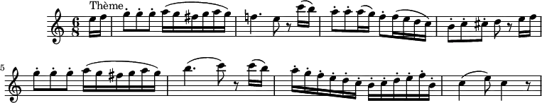 
\version "2.18.2"
\header {
  tagline = ##f
  % composer = ""
  % opus = ""
  % meter = "Rondo allegro"
}

\score {
<<
  \relative c'' {
    \key a \minor
    \time 6/8
    \tempo 4. = 80
    \override TupletBracket #'bracket-visibility = ##f 
    

     %%%%%% K622
     \partial 8 e16^\markup "Thème" f g8-. g-. g-. a16( g fis g a g) f!4. e8 r8 c'16( b) a8-. a-. a16( g) f8-. f16( e d c)
     b8-. c-. cis-. d r8
     e16 f g8-. g-. g-. a16( g fis g a g) b4.( c8) r8 c16( b) a-. g-. f-. e-. d-. c-. b-. c-. d-. e-. f-. b,-. c4( e8) c4 r8

  }
>>
  \layout {
     #(layout-set-staff-size 17)
     \context { \Score \remove "Metronome_mark_engraver" 
     \override SpacingSpanner.common-shortest-duration = #(ly:make-moment 1/2)
     }
  }
  \midi { \set Staff.midiInstrument = #"clarinet" }
}
