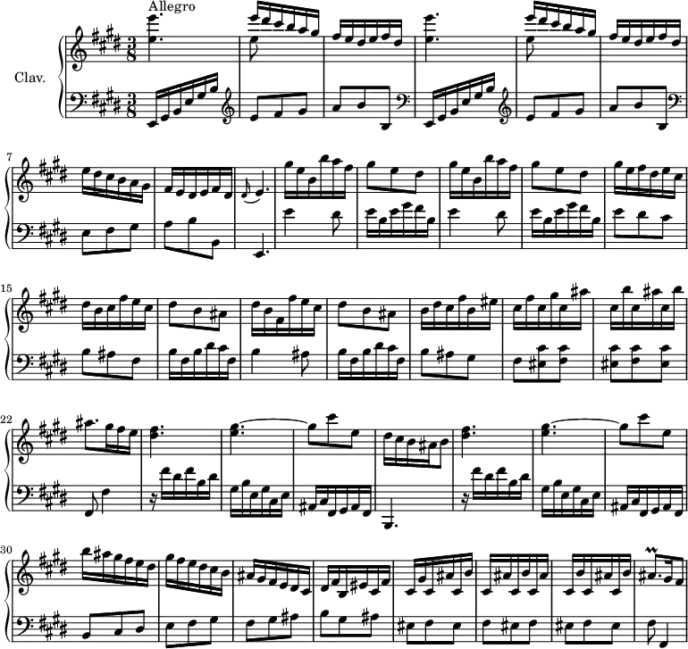 
\version "2.18.2"
\header {
  tagline = ##f
}

%% les petites notes
AppoEp         = { \tag #'print { \appoggiatura dis16 e4. } \tag #'midi { dis8 \tempo 4. = 45 e4 \tempo 4. = 72 } }
trillAisqp     = { \tag #'print { ais8.\prall } \tag #'midi { b32 ais b ais~  \tempo 4. = 35 ais16 } }

upper = \relative c'' {
  \clef treble 
  \key e \major
  \time 3/8
  \tempo 4. = 72
  \set Staff.midiInstrument = #"harpsichord"

    s8*0^\markup{Allegro}
    \repeat unfold 2 { < e e' >4. | << { e'16 dis cis b a gis | fis e dis e fis dis } \\ { e8 } >> } |
    % ms. 7
    e16 dis cis b a gis | fis e dis e fis dis | \AppoEp | \repeat unfold 2 { gis'16 e b b' a fis | gis8 e dis } |
    % ms. 14
    gis16 e fis dis e cis | dis b cis fis e cis | dis8 b ais | dis16 b fis fis' e cis | dis8 b ais | b16 dis cis fis b, eis |
    % ms. 20
    cis16 fis cis gis' cis, ais' | cis, b' cis, ais' cis, b' |  \tempo 4. = 45 ais8.  \tempo 4. = 72 gis16 fis e | < dis fis >4. < e gis >~ gis8 cis e, | dis16 cis b ais b8 |
    % ms. 27
    < dis fis >4. < e gis >~ gis8 cis e, | b'16 ais gis fis e dis | gis fis e dis cis b  | ais gis fis e dis cis |
    % ms. 33
    dis16 fis b, eis cis fis | cis gis' \repeat unfold 4 { cis, ais' cis, b' } | \trillAisqp gis16 fis8 |

}

lower = \relative c {
  \clef bass
  \key e \major
  \time 3/8
  \set Staff.midiInstrument = #"harpsichord"

    % **************************************
    \repeat unfold 2 { \clef bass e,16 gis b e gis b |   \clef treble  e8 fis gis | a b b, } | \clef bass
    % ms. 7
    e,8 fis gis | a b b, | e,4. | \repeat unfold 2 { e''4 dis8 | e16 b e gis fis b, } |
    % ms. 14
    e8 dis cis | b ais fis | b16 fis b dis cis fis, | b4 ais8 | b16 fis b dis cis fis, | b8 ais gis |
    % ms. 20
    fis8 \repeat unfold 2 { < eis cis' >8 < fis cis' > } < eis cis' >8 fis,8 fis'4 | r16 fis'16 dis fis b, dis  | gis, b e, gis cis, e ais, cis fis, gis ais fis | b,4. |
    % ms. 27 
    r16 fis'''16 dis fis b, dis  | gis, b e, gis cis, e ais, cis fis, gis ais fis | b8 cis dis | e fis gis | fis gis ais |
    % ms. 33
    b8 gis ais | \repeat unfold 4 { eis8 fis } eis8 | fis8 fis,4 |

} 

thePianoStaff = \new PianoStaff <<
    \set PianoStaff.instrumentName = #"Clav."
    \new Staff = "upper" \upper
    \new Staff = "lower" \lower
  >>

\score {
  \keepWithTag #'print \thePianoStaff
  \layout {
      #(layout-set-staff-size 17)
    \context {
      \Score
     \override SpacingSpanner.common-shortest-duration = #(ly:make-moment 1/2)
      \remove "Metronome_mark_engraver"
    }
  }
}

\score {
  \keepWithTag #'midi \thePianoStaff
  \midi { }
}
