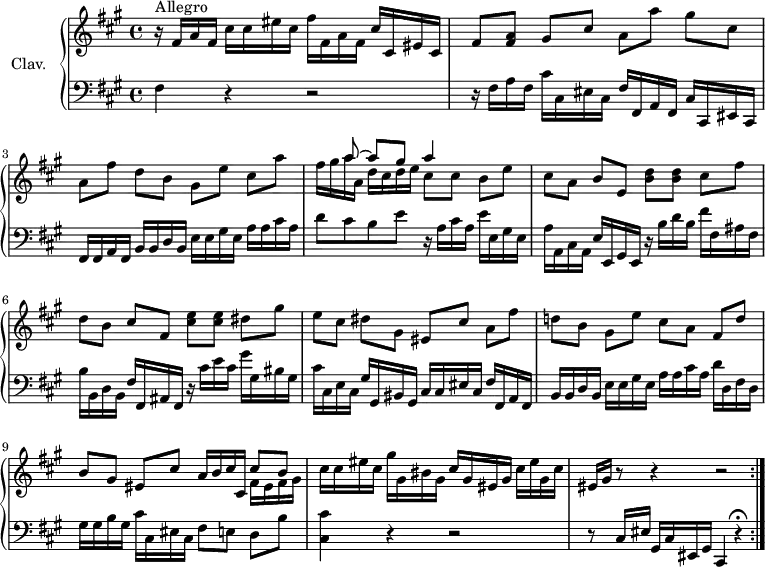 
\version "2.18.2"
\header {
  tagline = ##f
}

upper = \relative c' {
  \clef treble 
  \key fis \minor
  \time 4/4
  \tempo 4 = 100
  \set Staff.midiInstrument = #"harpsichord"

  \repeat volta 2 {
  r16^\markup{Allegro} fis16 a fis  cis' cis eis cis fis fis, a fis cis' cis, eis cis | fis8 < fis a >8 gis[ cis] a a' gis[ cis,] |
  % ms. 3
  a8 fis' d[ b] gis e' cis[ a'] | 
  << { s8 a8~ a[ gis] \tempo 4 = 80 a4 } \\ { fis16 gis a a, d cis d e cis8[ cis] b e } >>
  \tempo 4 = 100 cis8 a b[ e,] < b' d >8 q cis[ fis] | d b cis[ fis,] < cis' e >8 q dis[ gis] | 
  % ms. 7
  e8 cis dis[ gis,] eis  cis' a[ fis'] | d! b gis[ e'] cis a fis[ d'] |
  % ms. 9
  << { b8 gis eis[ cis'] a16 b | \tempo 4 = 80 cis \tempo 4 = 100 cis, cis'8 b } \\ { s2. fis16 eis fis gis } >> cis16 cis eis cis gis' gis, bis gis cis gis eis gis cis eis gis, cis | eis, gis r8 r4 r2 }%reprise

}

lower = \relative c {
  \clef bass
  \key fis \minor
  \time 4/4
  \set Staff.midiInstrument = #"harpsichord"

  \repeat volta 2 {
    % **************************************
   fis4 r4 r2 | r16 fis16 a fis  cis' cis, eis cis fis fis, a fis cis' cis, eis cis | 
   % ms. 3
   fis16 fis a fis  b b d b  e e gis e  a a cis a | d8 cis b e r16 a,16 cis a e' e, gis e | 
   % ms. 5
   a16 a, cis a e' e, gis e r16 b''16 d b fis' fis, ais fis | b b, d b fis' fis, ais fis  r16 cis''16 e cis gis' gis, bis gis |
   % ms. 7
   cis16 cis, e cis gis' gis, bis gis cis cis  eis cis  fis fis, a fis | b b d b e e gis e a a cis a d d, fis d | 
   % ms. 9 
   gis16 gis b gis cis cis, eis cis fis8 e! d[ b'] | < cis, cis' >4 r4 r2 | r8 \stemUp cis16 eis gis, cis eis, gis \tempo 4 = 72 cis,4 r4\fermata   \tempo 4 = 100
   }%reprise
} 

thePianoStaff = \new PianoStaff <<
    \set PianoStaff.instrumentName = #"Clav."
    \new Staff = "upper" \upper
    \new Staff = "lower" \lower
  >>

\score {
  \keepWithTag #'print \thePianoStaff
  \layout {
      #(layout-set-staff-size 17)
    \context {
      \Score
     \override SpacingSpanner.common-shortest-duration = #(ly:make-moment 1/2)
      \remove "Metronome_mark_engraver"
    }
  }
}

\score {
  \unfoldRepeats
  \keepWithTag #'midi \thePianoStaff
  \midi { }
}
