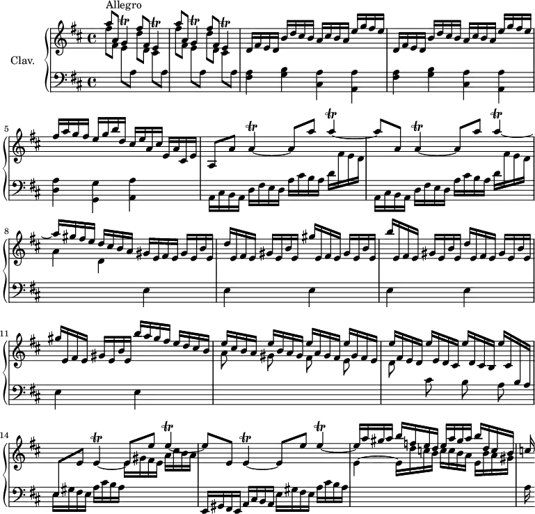 
\version "2.18.2"
\header { 
  tagline = ##f
  % composer = "Domenico Scarlatti"
  % opus = "K. 23"
  % meter = "Allegro"
}

%% les petites notes
trillE     = { \tag #'print { e4\trill~ } \tag #'midi { fis32 e fis e~ e8~ } }
trillG     = { \tag #'print { g4\trill } \tag #'midi { a32 g a g~ g8 } }
trillA     = { \tag #'print { a4\trill~ } \tag #'midi { b32 a b a~ a8~ } }


upper = \relative c'' {
  \clef treble 
  \key d \major
  \time 4/4
  \tempo 4 = 102
  \set Staff.midiInstrument = #"harpsichord"
  \override TupletBracket.bracket-visibility = ##f

      s8*0^\markup{Allegro}
      \stemUp \repeat unfold 2 { a'8 a, \trillG fis'8 fis, \trillE } | \repeat unfold 2 { d16 fis e d b' d cis b a cis b a e' g fis e } |
      % ms. 5
      fis16 a g fis e g b d, cis e a, cis e, a cis, e | a,8 a' \trillA a8 a'8 \trillA |
      % ms. 7
       a8 a, \trillA a8 a' \trillA | a16 gis fis e d cis b a gis e fis e gis e b' e, | d'e, fis e gis e b' e, gis' e, fis e gis e b' e, |
      % ms. 10
      b''16 e,, fis e gis e b' e, d' e, fis e gis e b' e,  | gis' e, fis e gis e b' e, b'' a gis fis e d cis b | e cis b a  e' b a gis  e' a, gis fis  e' gis, fis e |
      % ms. 13
      e'16 fis, e d e' e, d cis e' d, cis b e' cis, \stemUp \change Staff = "lower" b a | e8 \change Staff = "upper" e' \trillE e8 e' \trillE | e8 e, \trillE e8 e' \trillE |
      % ms. 16
      e16 a gis a  b f e d  e a gis a  b d, c b | c

}

lower = \relative c' {
  \clef bass
  \key d \major
  \time 4/4
  \set Staff.midiInstrument = #"harpsichord"
  \override TupletBracket.bracket-visibility = ##f

    % ************************************** \appoggiatura a8  \repeat unfold 2 {  } \times 2/3 { }   \omit TupletNumber 
      \repeat unfold 2 { \stemDown \change Staff = "upper" fis'8 fis, e[ \change Staff = "lower" a,] \stemDown \change Staff = "upper" d' d, cis[ \change Staff = "lower" a] } | \repeat unfold 2 { < fis a >4 < g b > < cis, a' > < a a' > }
      % ms. 5
      < d a' >4 < g, g' > < a a' > s4 | \repeat unfold 2 { \change Staff = "lower" a16 cis b a d fis e d a' cis b a d \stemDown \change Staff = "upper" fis e d } |
      % ms. 8
      a'4 d,  \change Staff = "lower" \repeat unfold 7 { e, s4 } | \stemDown \change Staff = "upper" a'8 s8 gis8 s8fis8 s8 e8 s8 |
      % ms. 13
      d8 s8 \change Staff = "lower"  cis8 s8 b8 s8 a8 s8 | e16 gis fis e a cis b a \stemDown \change Staff = "upper" e' gis fis e  a cis b a | \stemNeutral \change Staff = "lower"   e,,16 gis fis e a cis b a e' gis fis e a cis b a | \stemDown \change Staff = "upper" 
      % ms. 16
      e'4~ e16 d' c b c c b a e b' a gis \stemNeutral \change Staff = "lower" | a,

}

thePianoStaff = \new PianoStaff <<
    \set PianoStaff.instrumentName = #"Clav."
    \new Staff = "upper" \upper
    \new Staff = "lower" \lower
  >>

\score {
  \keepWithTag #'print \thePianoStaff
  \layout {
      #(layout-set-staff-size 17)
    \context {
      \Score
     \override SpacingSpanner.common-shortest-duration = #(ly:make-moment 1/2)
      \remove "Metronome_mark_engraver"
    }
  }
}

\score {
  \keepWithTag #'midi \thePianoStaff
  \midi { }
}
