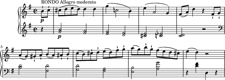 \version "2.18.2"
\header {
tagline = ##f
}
upper = \relative c' {
\clef "treble"
\tempo "Allegro moderato"
\key g \major
\time 2/2
\tempo 4 = 140
\partial 8 b'8-! \p ^\markup {RONDO Allegro moderato} c-!
cis8 (d e d) d4 d
g (c,!2 b4)
e4 (a,2 g4)
fis8 (a) d4 r fis,8-! g-!
a (g) gis-! a-! b (a) ais-! b-!
c (b) cis-! d-! e (d) fis-! g-!
a (g) b-! g-! fis (e d cis)
e4 (d) r2
}
lower =\relative c' {
\clef "treble"
\key g \major
\time 2/2
\partial 4 r4 <g' b>2 \p <fis a> <e g> <d fis> <cis e> <c ees> <c d> r2
\clef "bass" <b d> <fis d'> <g d'> <fis a> <e b'> <a g'>
r4 <d fis> d, r
}
\score {
\new PianoStaff <<
\new Staff = "upper" \upper
\new Staff = "lower" \lower
>>
\layout {
\context {
\Score
\remove "Metronome_mark_engraver"
}
}
\midi { }
}