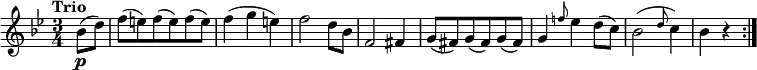 \version "2.18.2"
\relative c'' {
\key bes \major
\time 3/4
\tempo "Trio "
\tempo 4 = 140
\partial 4 bes8 \p (d)
f (e) f (e) f (e)
f4 (g e)
f2 d8 bes
f2 fis4
g8 (fis) g (fis) g (fis)
g4 \grace f'!8 ees4 d8 (c)
bes2 (\grace d8 (c4))
bes r \bar ":|."
}