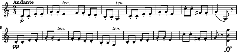 \relative c' {
\version "2.18.2"
\key c \major
\time 2/4
\tempo "Andante"
\tempo 4 = 70
\set Staff.midiMinimumVolume = #0.2 \set Staff.midiMaximumVolume = #0.5
c8-.\p c-. e-. e-. g-. g-. e4 ^ \markup{\italic {ten.}}
f8-. f-. d-. d-. b-. b-. g4 ^\markup{\italic {ten.}}
c8-. c-. e-. e-. g-. g-. e4
c'8-. c-. fis,-. fis-.
g4 (g,8) r
\set Staff.midiMinimumVolume = #0.1 \set Staff.midiMaximumVolume = #0.4
c8-.\pp c-. e-. e-. g-. g-. e4 ^ \markup{\italic {ten.}}
f8-. f-. d-. d-. b-. b-. g4 ^\markup{\italic {ten.}}
c8-. c-. e-. e-. g-. g-. e4
c'8-. c-. fis,-. fis-.
g r
\set Staff.midiMinimumVolume = #0.6 \set Staff.midiMaximumVolume = #1
<d b' g'>4 \ff
}