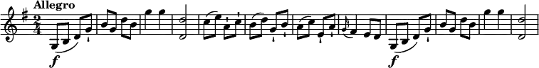 \relative c'' {
    \version "2.18.2"
    \key g \major
    \tempo "Allegro"
    \time 2/4
    \tempo 4 = 150
  g,8\f (b d) g-! 
  b g d' b
  g'4 g 
  < d, d'>2
  c'8 (e) a,-! c-!
  b (d) g,-! b-!
  a (c) e,-! a-!
  \grace g16 (fis4) e8 d
   g,8\f (b d) g-! 
  b g d' b
  g'4 g 
  < d, d'>2
  }