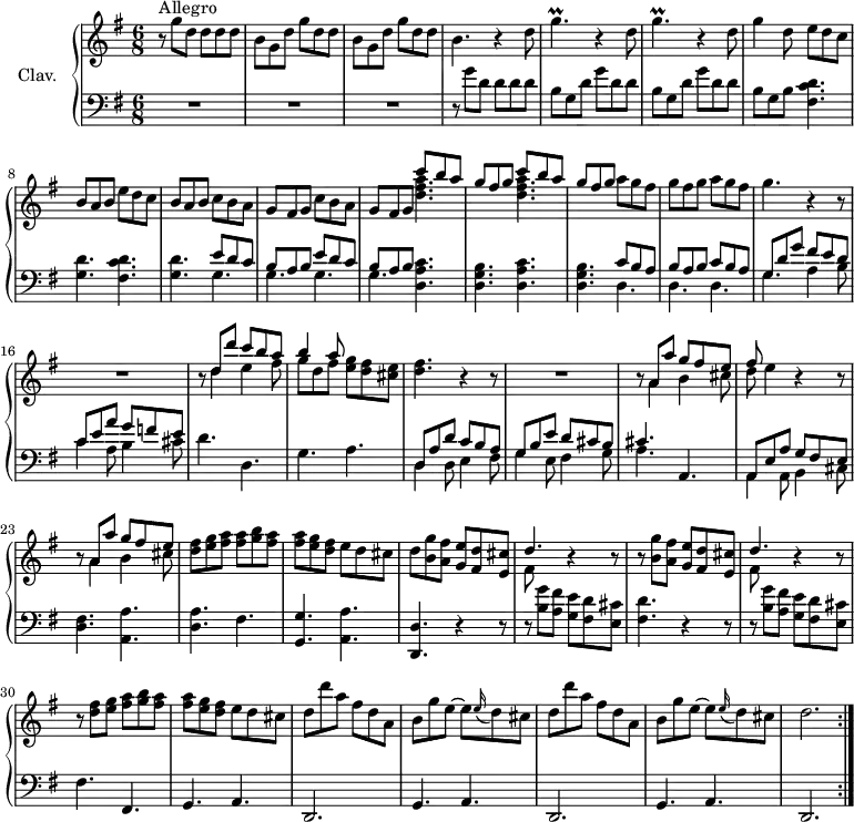 \version "2.18.2"
\header {
tagline = ##f
% composer = "Domenico Scarlatti"
% opus = "K. 372"
% meter = "Allegro"
}
%% les petites notes
trillGp = { \tag #'print { g4.\prall } \tag #'midi { a32 g a g~ g4 } }
upper = \relative c'' {
\clef treble
\key g \major
\time 6/8
\tempo 2 = 72
\set Staff.midiInstrument = #"harpsichord"
\override TupletBracket.bracket-visibility = ##f
\repeat volta 2 {
s8*0^\markup{Allegro}
r8 g'8 d d d d | \repeat unfold 2 { b8 g d' g d d } | b4. r4 d8 |
% ms. 5
\repeat unfold 2 { \trillGp r4 d8 } | g4 d8 \repeat unfold 2 { e8 d c | b a b } \repeat unfold 2 { c8 b a |
% ms. 10
g8 fis g } \repeat unfold 2 { << { c'8 b a | g fis g } \\ { < d fis a >4. } >> } a'8 g fis | g fis g a g fis |
% ms. 15
g4. r4 r8 | R2. | r8 << { d8 d' c b a | b4 a8 } \\ { d,4 e4 fis8 | g d fis } >> < e g >8 < d fis > < cis e >
% ms. 19
< d fis >4. r4 r8 | R2. | r8 << { a8 a' g fis e | fis } \\ { a,4 b cis8 d } >> e4 r4 r8 |
% ms. 23
r8 << { a,8 a' g fis e } \\ { a,4 b cis8 } >> | < d fis >8 < e g > < fis a > q < g b > < fis a > | q < e g > < d fis > e d cis | d
% ms. 26/29
\repeat unfold 2 { < b g' >8 < a fis' > < g e' > < fis d' > < e cis' > << { d'4. } \\ { fis,8 } >> r4 r8 | r8 } < d' fis >8 < e g > < fis a > < g b > < fis a > | q < e g > < d fis > e d cis |
% ms. 32
\repeat unfold 2 { d8 d' a fis d a | b g' e~ e \appoggiatura e16 d8 cis } | d2. }%repet
}
lower = \relative c' {
\clef bass
\key g \major
\time 6/8
\set Staff.midiInstrument = #"harpsichord"
\override TupletBracket.bracket-visibility = ##f
\repeat volta 2 {
% ************************************** \appoggiatura a16 \repeat unfold 2 { } \times 2/3 { } \omit TupletNumber
R2.*3 | r8 g'8 d d d d |
% ms. 5
\repeat unfold 2 { b8 g d' g d d } | b g b \repeat unfold 2 { < fis c' d >4. | < g d' > }
% ms. 9 suite…
\repeat unfold 2 { << { e'8 d c | b a b } \\ { \mergeDifferentlyDottedOn g4. | g } >> } \repeat unfold 2 { < d a' c >4. | < d g b > } << { c'8 b a | b a b c b a } \\ { d,4. | d d } >>
% ms. 15
<< { g8 d' g fis e d | c e a g f e } \\ { g,4. a4 b8 | c4 a8 b4 cis8 } >> | d4. d, | g a |
% ms. 19
<< { d,8 a' d c b a | g b e d cis b | cis4. } \\ { d,4 d8 e4 fis8 | g4 e8 fis4 g8 | a4. } >> a,4. | << { a8 e' a g fis e } \\ { a,4 a8 b4 cis8 } >>
% ms. 23
< d fis >4. < a a' > | < d a' > fis | < g, g' > < a a' > | < d, d' > r4 r8 | r8 < b'' g' >8 < a fis' > < g e' > < fis d' > < e cis' > |
% ms. 28
< fis d' >4. r4 r8 | r8 < b g' >8 < a fis' > < g e' > < fis d' > < e cis' > | fis4. fis, | \repeat unfold 2 { g a |
% ms. 32
d,2. } | g4. \tempo 2 = 62 a | \tempo 2 = 42 d,2. \tempo 2 = 72 }%repet
}
thePianoStaff = \new PianoStaff <<
\set PianoStaff.instrumentName = #"Clav."
\new Staff = "upper" \upper
\new Staff = "lower" \lower
>>
\score {
\keepWithTag #'print \thePianoStaff
\layout {
#(layout-set-staff-size 17)
\context {
\Score
\override SpacingSpanner.common-shortest-duration = #(ly:make-moment 1/2)
\remove "Metronome_mark_engraver"
}
}
}
\score {
\unfoldRepeats
\keepWithTag #'midi \thePianoStaff
\midi { }
}