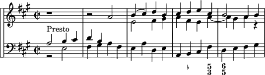 
\version "2.18.2"
\header {
  tagline = ##f
}

\score {

 \new StaffGroup <<
\set StaffGroup.systemStartDelimiter = #'SystemStartSquare
    \new Staff {
      \relative c'' {
      \key a \major
      \time 2/2
      \tempo 2 = 60
      \autoBeamOff
      \clef treble
      \set Score.currentBarNumber = #17
      \override Rest #'style = #'classical
      \set Staff.midiInstrument = #"violin"

   % Violon
   r1
   r2 a2
   << { b4( cis) d b } \\ { e,2 fis4 gis } >>
   << { cis4 d e cis } \\ { a4 fis e a~ } >>
   << { b2 a4 b } \\ { a4 gis a r4 } >>
   << {  } \\ {  } >>
    }
}
    \new Staff {
  <<
      \key a \major
    \set Staff.midiInstrument = #"recorder"

    \new Voice { \clef bass << { a2^"Presto" b4 cis' | d' b } \\ { r2 e2 | fis4 gis a fis } >> e4 a d e a, b, cis fis d e fis gis }
    \new FiguredBass {
      \figuremode {
      < _ >1
      < _ >1
      < _ >1
      < _ >4 < _- >2 < 5 3 >4 < 6 5 >4

      }
    }
  >>
    }
 >>
  \layout {
    \context {
      \Score
      \remove "Metronome_mark_engraver"
    }
  }
  \midi {}
}
