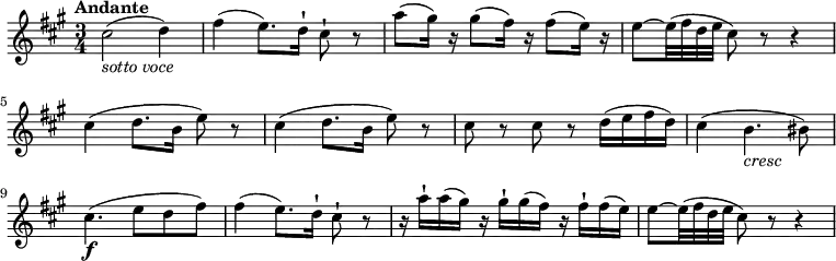 \relative c'' {
\version "2.18.2"
\key a \major
\tempo "Andante"
\time 3/4
\tempo 4 = 50
cis2_\markup{\italic {sotto voce}} (d4)
fis (e8.) d16-! cis8-! r8
a'8 (gis16) r16 gis8 (fis16) r16 fis8 (e16) r16
e8 ~ e32 (fis d e cis8) r8 r4
cis4 (d8. b16 e8) r8
cis4 (d8. b16 e8) r8
cis r cis r d16 (e fis d)
cis4 (b4._\markup{\italic {cresc}} bis8)
cis4.\f (e8 d fis)
fis4 (e8.) d16-! cis8-! r
r16 a'-! a (gis) r gis-! gis (fis) r fis-! fis (e)
e8 ~ e32 (fis d e cis8) r8 r4
}