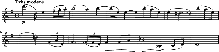 \new Staff \with {midiInstrument = #"violin"} {
\version "2.18.2"
\relative c''{
\key e \minor
\time 4/4
\tempo "Très modéré"
d'4.\p (d,8) e4 \tuplet 3/2 { fis8-. (g-. a-.) }
b2 (a4) b4 ~ b8 (e,) e4 ~ e8 b' (a e)
e4 (dis ~ dis8) b' (a e)
e2 (d!4) \tuplet 3/2 { g,8 (a e) }
g4 ~ \tuplet 3/2 { g8 (fis e) } fis4 \< g8 a
bes2 \> bes,4 \! (c8 d)
d1
}
}
\midi {
\context {
\Score
tempoWholesPerMinute = #(ly:make-moment 90 4)
}
}
