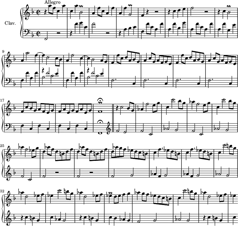 \version "2.18.2"
\header {
tagline = ##f
% composer = "Domenico Scarlatti"
% opus = "K. 378"
% meter = "Allegro"
}
%% les petites notes
trillBesbDown = { \tag #'print { bes,2\prall } \tag #'midi { c16 bes c bes~ bes4 } }
trillBesb = { \tag #'print { bes2\prall } \tag #'midi { c16 bes c bes~ bes4 } }
trillGbDown = { \tag #'print { g,2\prall } \tag #'midi { a16 g a g~ g4 } }
trillFr = { \tag #'print { f1\prall\fermata } \tag #'midi { \repeat unfold 3 { g16 f~ } \tempo 2 = 40 f8~ f2 \tempo 2 = 92 } }
trillEes = { \tag #'print { ees4\prall } \tag #'midi { f16 ees f ees } }
upper = \relative c'' {
\clef treble
\key f \major
\time 2/2
\tempo 2 = 92
\set Staff.midiInstrument = #"harpsichord"
\override TupletBracket.bracket-visibility = ##f
s8*0^\markup{Allegro}
r4 a'8 f \repeat unfold 2 { c4 a' } \trillBesbDown | a4 f'8 c \repeat unfold 2 { a4 f' } \trillGbDown |
% ms. 5
f4 r4 r2 | r4 c'4 d e | f2 r2 | r4 c4 \trillBesb | a4 a'2 f4~ |
% ms. 10
f4 d2 c8 bes | a4 f'2 c4~ | c bes2 a8 g | \repeat unfold 2 { f4 f'8 c d a bes g | a4 c8 g a f g e } |
% ms. 17
f8 c' bes g a f e g | f a e g f a e g | \trillFr
% ms. 20
r4 c'2 bes8 g | aes4 f'2 e8 g | c,4 c'2 bes8 g | aes4 f2 e8 g | c,4 c'2 bes8 g |
% ms. 25
aes4 f2 ees8 g | \repeat unfold 2 { d4 aes'8 f d b d f } | d8 aes' g f ees d c b |
% ms. 29
\repeat unfold 2 { c4 f4. ees8 d b } | c4 c'2 b8 g | aes4 d,2 ees8 f | ees4 c'2 b8 g |
% ms. 34
aes4 d,2 ees8 f \trillEes d8 ees f4 g | aes4 g8 f ees d c b | c4 c'2 b8 g | aes4 d,2 ees8 f |
% ms. 39
ees4
% ms. 43
% ms. 47
}
lower = \relative c' {
\clef bass
\key f \major
\time 2/2
\set Staff.midiInstrument = #"harpsichord"
\override TupletBracket.bracket-visibility = ##f
% ************************************** \appoggiatura a16 \repeat unfold 2 { } \times 2/3 { } \omit TupletNumber
f,,2 r2 | r4 f''4 g c, | f2 r2 | r4 a, bes c |
% ms. 5
f,4 f'8 c a4 f' | a, f' bes, g' | a, f'8 c a4 f' | a, f' g, e' | f, f' a, f' |
% ms. 10
<< { r4 f2 e4 } \\ { bes2 c } >> | f,4 f' a, f' | << { r4 f2 e4 } \\ { bes2 c } >> |
% ms. 14
\repeat unfold 4 { f,2. c4 } | \repeat unfold 4 { f4 c } f,1\fermata \bar "||" \clef treble
% ms. 20
f''2 e | \repeat unfold 2 { f c | aes' g } |
% ms. 25
f2 c | \repeat unfold 2 { f r2 } | f2 g |
% ms. 29
\repeat unfold 2 { aes4 f g2 } | aes2 g | r4 c4 b g | c aes g2 |
% ms. 34
r4 c4 b g | c bes aes g | f2 g | aes g | r4 c b g |
% ms. 39
c4
% ms. 43
% ms. 47
}
thePianoStaff = \new PianoStaff <<
\set PianoStaff.instrumentName = #"Clav."
\new Staff = "upper" \upper
\new Staff = "lower" \lower
>>
\score {
\keepWithTag #'print \thePianoStaff
\layout {
#(layout-set-staff-size 17)
\context {
\Score
\override SpacingSpanner.common-shortest-duration = #(ly:make-moment 1/2)
\remove "Metronome_mark_engraver"
}
}
}
\score {
\keepWithTag #'midi \thePianoStaff
\midi { }
}