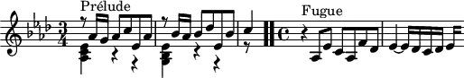 
\version "2.18.2"
\header {
  tagline = ##f
}

\score {
  \new Staff \with {

  }
<<
  \relative c' {
    \key aes \major
    \time 3/4

     %% INCIPIT CBT I-17, BWV 858, la-bémol majeur
     << { r8^\markup{Prélude} aes'16 g aes8 c ees, aes | r8 bes16 aes bes8 des ees, bes' | c4 } \\ { < ees, c aes >4 r4 r4  < ees bes g > r4 r4 r8} >> \bar ".."
     \time 4/4 \partial 1
     r4^\markup{Fugue} aes,8 ees' c aes f' des ees4~ ees16 des c des 
{ 
 % suppression des warnings :
 #(ly:set-option 'warning-as-error #f)
 #(ly:expect-warning (_ "stem does not fit in beam")) %% <= à traduire éventuellement
 #(ly:expect-warning (_ "beam was started here")) %% <= à traduire éventuellement
  \set stemRightBeamCount = #2
  ees4*1/4[ s]
}

  }
>>
  \layout {
     \context { \Score \remove "Metronome_mark_engraver" 
     \override SpacingSpanner.common-shortest-duration = #(ly:make-moment 1/2) 
}
  }
  \midi {}
}
