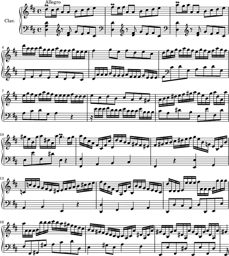 \version "2.18.2"
\header {
  tagline = ##f
  % composer = "Domenico Scarlatti"
  % opus = "K. 435"
  % meter = "Allegro"
}
%% les petites notes
trillGisp     = { \tag #'print { gis4.\prall } \tag #'midi { a32 gis a gis~ gis4 } }
trillFisq     = { \tag #'print { fis8\prall } \tag #'midi { g32 fis g fis } }
trillAq       = { \tag #'print { a8\prall } \tag #'midi { b32 a b a } }
trillDq       = { \tag #'print { d8\prall } \tag #'midi { e32 d e d } }
upper = \relative c'' {
  \clef treble 
  \key d \major
  \time 4/4
  \tempo 4 = 118
  \set Staff.midiInstrument = #"harpsichord"
  \override TupletBracket.bracket-visibility = ##f
      s8*0^\markup{Allegro}
      \trillDq cis16 d a8 a b cis d e | \trillFisq e16 fis a,8 a b cis d e | \trillAq g16 a a,8 a b cis d e |
      % ms. 4
      d'16 a a a b g g g a fis fis fis g e e e | fis4 g8 e fis d e cis | d16 fis e g fis a g fis \repeat unfold 2 { e16 g fis e fis a g fis } |
      % ms. 7 suite
      e e e e fis d d d | e8 cis d b cis a b gis | a16 b cis dis e fis gis a gis e b gis' a dis, a a' |
      % ms. 10
      gis e b gis' a dis, a a' \trillGisp fis16 gis  | a16 fis cis a fis cis fis cis' d, d' cis b a gis fis eis | fis gis a b cis dis e fis g e b g e b e b' |
      % ms. 13
      c, c' b a g fis e dis e fis g a b cis d e | fis d a fis d a d a' b, b' a g fis e d cis  | d' d, d d e e' e e  fis fis, fis fis g g' g g |
      % ms. 16
      a16 a, a a b b' b b cis b a gis fis e d cis | b a gis fis e d cis b cis a cis a' dis, a dis a' | \repeat unfold 2 { gis e b gis' a dis, a a' } |
      % ms. 19
      gis4*1/4
}
lower = \relative c' {
  \clef bass
  \key d \major
  \time 4/4
  \set Staff.midiInstrument = #"harpsichord"
  \override TupletBracket.bracket-visibility = ##f
    % ************************************** \appoggiatura a8  \repeat unfold 2 {  } \times 2/3 { }   \omit TupletNumber 
      < d, a' d >4  \repeat unfold 2 { \clef treble  r8 < d' fis >8 g e fis cis |   \clef bass < d, d' >4 } \clef treble  r8 < d' fis >8 g e fis cis | 
      % ms. 4
      d8 fis g e fis d e cis | d16 a' a a b g g g a fis fis fis g e e e | fis8  \clef bass cis d g, a cis d g, |
      % ms. 7
      a8 cis d g, a4 r4  | r16 e'16 e e fis d d d e cis cis cis e b b b | cis8 a dis b e, e' fis, dis' |
      % ms. 10
      e,8 e' fis, dis' e,4 r4 | < fis, fis' >4 a4 b cis | fis, r4 < e e' > g 
      % ms. 13
      a4 b e, r4 | < d d' >4 fis4 g a | d,8 d' cis a d d, e e' |
      % ms. 16
      fis8 fis, gis gis' a cis d d, | e4 gis8 e a4 fis | \repeat unfold 2 { e,8 e' fis, dis' } | % comment arrêter ça ?
      % ms. 19
      e,16
}
thePianoStaff = \new PianoStaff <<
    \set PianoStaff.instrumentName = #"Clav."
    \new Staff = "upper" \upper
    \new Staff = "lower" \lower
  >>
\score {
  \keepWithTag #'print \thePianoStaff
  \layout {
      #(layout-set-staff-size 17)
    \context {
      \Score
     \override SpacingSpanner.common-shortest-duration = #(ly:make-moment 1/2)
      \remove "Metronome_mark_engraver"
    }
  }
}
\score {
  \keepWithTag #'midi \thePianoStaff
  \midi { }
}