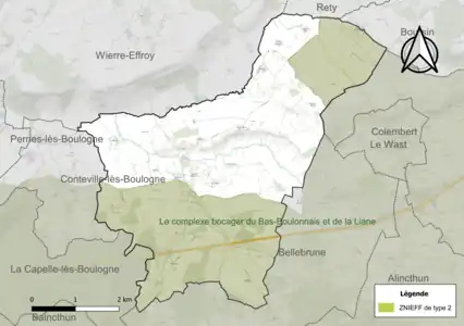 Carte de la ZNIEFF de type 2 sur la commune.