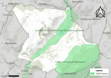 Carte des ZNIEFF de type 1 sur la commune.