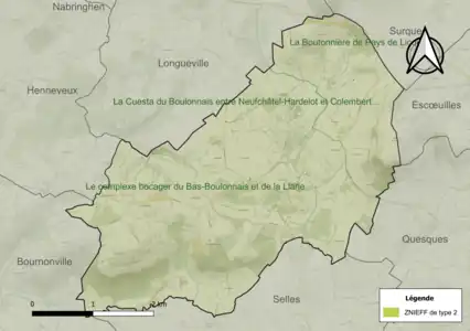 Carte des ZNIEFF de type 2 sur la commune.