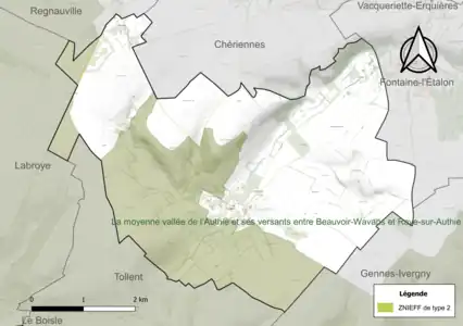 Carte de la ZNIEFF de type 2 sur la commune.