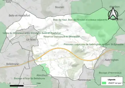 Carte des ZNIEFF de type 1 sur la commune.