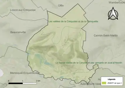 Carte des ZNIEFF de type 2 sur la commune.