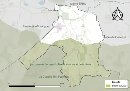 Carte de la ZNIEFF de type 2 sur la commune.