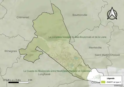 Carte des ZNIEFF de type 2 sur la commune.
