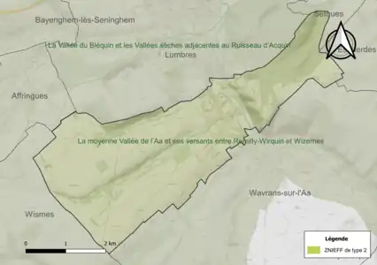 Carte de la ZNIEFF de type 2 sur la commune.
