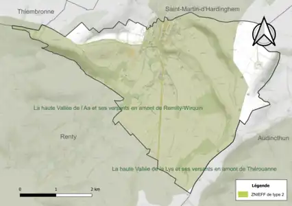 Carte de la ZNIEFF de type 2 sur la commune.