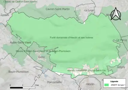 Carte des ZNIEFF de type 1 sur la commune.