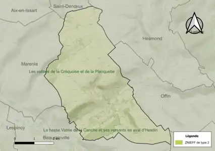 Carte de la ZNIEFF de type 2 sur la commune.