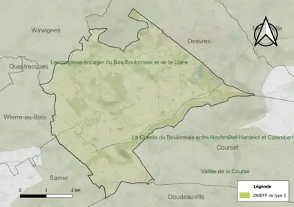 Carte des ZNIEFF de type 2 sur la commune.