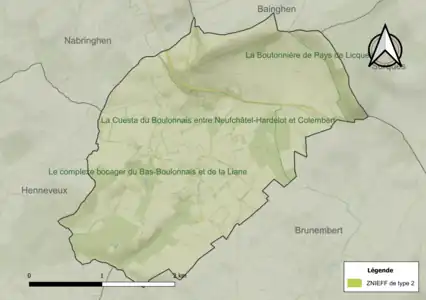 Carte des ZNIEFF de type 2 sur la commune.