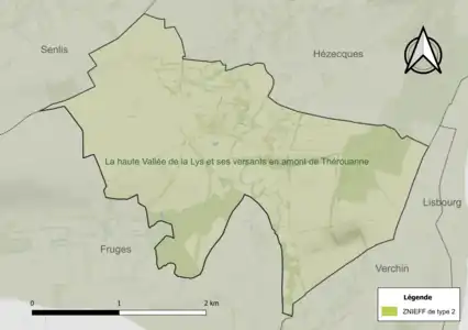 Carte de la ZNIEFF de type 2 sur la commune.