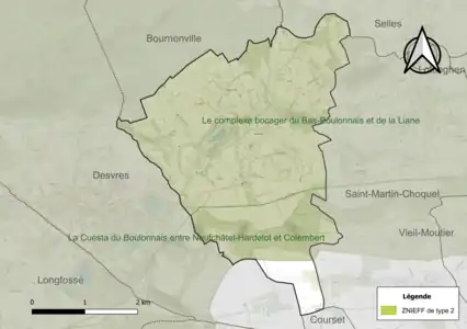 Carte des ZNIEFF de type 2 sur la commune.
