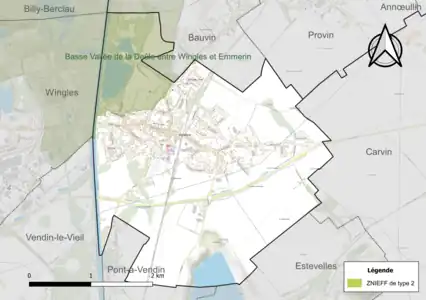 Carte de la ZNIEFF de type 2 sur la commune.