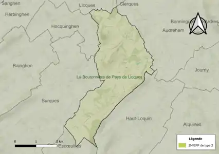 Carte de la ZNIEFF de type 2 sur la commune.