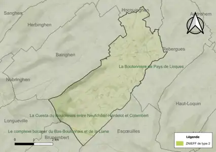Carte des ZNIEFF de type 2 sur la commune.