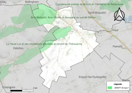 Carte des ZNIEFF de type 1 sur la commune.