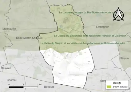 Carte de la ZNIEFF de type 2 sur la commune.