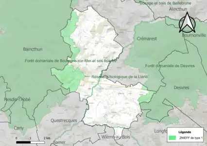 Carte des ZNIEFF de type 1 sur la commune.