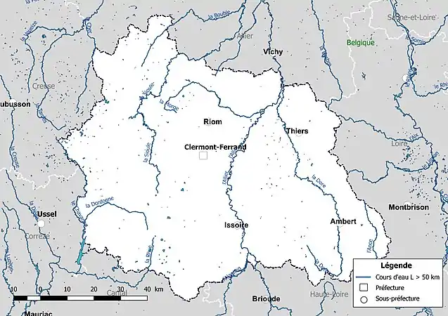 Carte des cours d'eau de longueur supérieure à 50 km du Puy-de-Dôme.