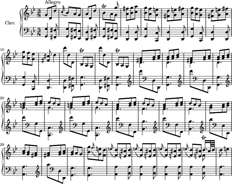 
\version "2.18.2"
\header {
  tagline = ##f
}

%% les petites notes
trillBesqDown       = { \tag #'print { bes,8^\trill } \tag #'midi { c32 bes c bes } }
trillBesq           = { \tag #'print { bes8^\trill } \tag #'midi { c32 bes c bes } }
trillDqqUp          = { \tag #'print { d'16.\trill } \tag #'midi { \times 2/3 { ees32 d ees } d } }

upper = \relative c'' {
  \clef treble 
  \key g \minor
  \time 3/8
  \tempo 4. = 70
  \set Staff.midiInstrument = #"harpsichord"

      s8*0^\markup{Allegro}
      g8 d d' | \appoggiatura c32 bes8 a g | a d, d' |  << { s4 g8 } \\ { \trillBesqDown a8 g8 } >> | < a fis' >8 < bes g' > < c a' > | < bes g' > < a f' > < g e' > |
      % ms. 7
      \repeat unfold 2 { < fis d' >8 < g e' > < a fis' > | < bes g' > < a f' > < g ees' > } | < fis cis' >   \tempo 4. = 50 d'4  |   \tempo 4. = 70 \repeat unfold 2 { d'8 d, d, | \trillBesq a g } | 
      % ms. 16
      \repeat unfold 2 { << { < fis' a >8 < g bes > < a c > | < g bes > < a c > < bes d >  } \\ { d,4. | d } >> }
      % ms. 20
      \repeat unfold 2 { << { < b' d >8 < c ees > < d f > | ees d c } \\ { g4. | g } >> }
      % ms. 25
      \repeat unfold 2 { << { < a c >8 < bes d > < c ees > | d c bes  } \\ { f4. | f } >> }
      % ms. 28
      < g bes >8 < a c > < bes d > | < a c > < g bes > < fis a > | q < g bes > < a c > | < g bes > a g |
      % ms. 32
      < bes g' >8 \appoggiatura f'16 < g, e' >8 < f d' > | \repeat unfold 3 { \appoggiatura e'16 < f, d' >8 < e cis' > < f d' > } | \appoggiatura e'16 < f, d' >8 < e cis' >   \tempo 4. = 55 << { \trillDqqUp cis64 d } \\ { f,8 } >> |   \tempo 4. = 35 d'8 e4 |

}

lower = \relative c' {
  \clef bass
  \key g \minor
  \time 3/8
  \set Staff.midiInstrument = #"harpsichord"

    % **************************************
      < g, g' >4 \repeat unfold 2 { < fis fis' >8 | < g g' >8 < fis fis' > < ees ees' > | < d d' >4 } 
      \repeat unfold 2 { < d d' >8 | < g g' >4 < c, c' >8 |       < d d' >4 } 
      % ms. 7

       < d d' >8 | < g g' >4 < c, c' >8 | < d d' >4. 
      \stemDown \repeat unfold 2 { < d d' >4 < fis fis' >8 | < g g' >4. } |
      % ms. 16
       \repeat unfold 2 { \clef treble  d''''8    \clef bass d,,, d, | < g g' >4. } | 
      % ms. 20
      \repeat unfold 2 { \clef treble  d''''8     \clef bass g,,, g, | < c, c' >4. } |
      % ms. 24
      \repeat unfold 2 { \clef treble  c''''8     \clef bass f,,, f, | < bes bes' >4. } |
      % ms. 28
      \clef treble  bes'''8     \clef bass  ees,,, ees, | < a a' >4. |
      % ms. 30
      \clef treble  a'''8     \clef bass d,,, d, | < g g' >4. |
      % ms. 32
      < g g' >4. | \repeat unfold 4 { < a a' >4 < bes a' >8 } | < a a' >4.


}

thePianoStaff = \new PianoStaff <<
    \set PianoStaff.instrumentName = #"Clav."
    \new Staff = "upper" \upper
    \new Staff = "lower" \lower
  >>

\score {
  \keepWithTag #'print \thePianoStaff
  \layout {
      #(layout-set-staff-size 17)
    \context {
      \Score
     \override SpacingSpanner.common-shortest-duration = #(ly:make-moment 1/2)
      \remove "Metronome_mark_engraver"
    }
  }
}

\score {
  \keepWithTag #'midi \thePianoStaff
  \midi { }
}
