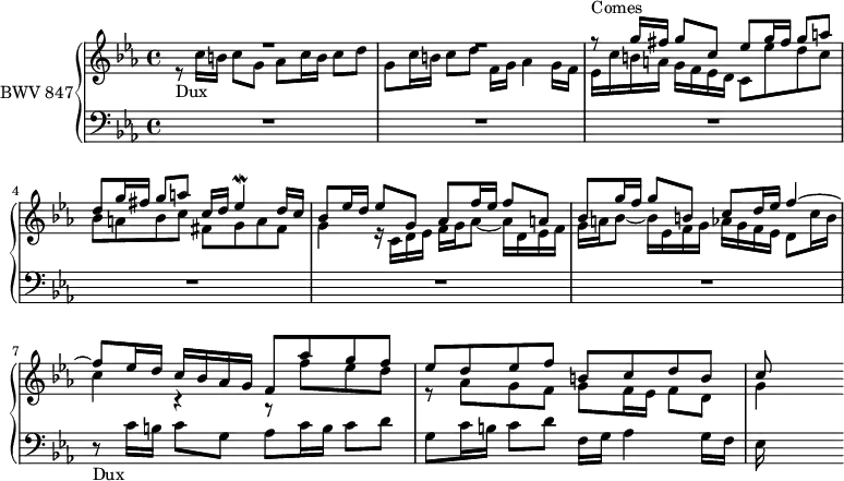 
\version "2.18.2"
\header {
  tagline = ##f
}

Mordeesq    = { \tag #'print { ees4\mordent } \tag #'midi { ees32 d ees~ ees~ ees8 }  }
Dux         = { r8_\markup{Dux} c16 b c8 g aes c16 b c8 d g, c16 b c8 d f,16 g aes4 g16 f  }
Comes       = { r8^\markup{Comes} g16 fis g8 c, ees g16 fis g8 a d, g16 fis g8 a c,16 d \Mordeesq d16 c }

upper = \relative c' {
  \clef treble 
  \key c \minor
  \time 4/4
  \tempo 4 = 63
  \set Staff.midiInstrument = #"harpsichord" 

   %% FUGUE CBT I-2, BWV 847, ut mineur
   << { R1*2 \relative c''' \Comes bes'8 ees16 d ees8 g, aes f'16 ees f8 a, bes g'16 f g8 b, c d16 ees f4~ f8 ees16 d c bes aes g f8 aes' g f ees d ees f b, c d b c8 } \\ { \relative c'' \Dux ees,16 c' b a g f ees d c8 ees' d c bes a bes c fis, g a fis g4 r16 c,16 d ees f g aes8~ aes16 d, ees f g a bes8~ bes16 ees, f g aes g f ees d8 c'16 b | c4 r4 r8 f8 ees d r8 aes g f g f16 ees f8 d g4 } >>

}

lower = \relative c' {
  \clef bass 
  \key c \minor
  \time 4/4
  \set Staff.midiInstrument = #"harpsichord" 
    
   R1*6 \Dux ees16
    
} 

thePianoStaff = \new PianoStaff <<
   \set PianoStaff.instrumentName = #"BWV 847"
    \new Staff = "upper" \upper
    \new Staff = "lower" \lower
  >>
\score {
  \keepWithTag #'print \thePianoStaff
  \layout {
    \context {
      \Score
      \remove "Metronome_mark_engraver"
    }
  }
}

\score {
  \keepWithTag #'midi \thePianoStaff
  \midi { }
}

