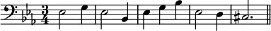 \relative c { \clef "bass" \key ees \major \time 3/4 ees2 g4 ees2 bes4 ees g bes ees,2 d4 cis2. \bar "||"} 
