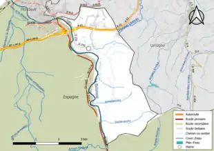 Carte en couleur présentant le réseau hydrographique de la commune