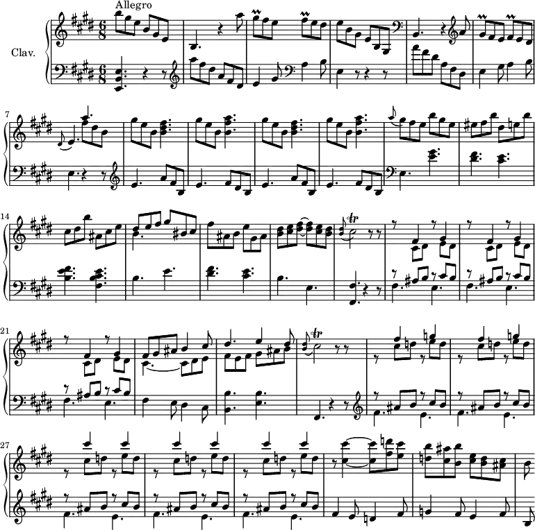 \version "2.18.2"
\header {
tagline = ##f
% composer = "Domenico Scarlatti"
% opus = "K. 135"
% meter = "Allegro"
}
%% les petites notes
trillGisq = { \tag #'print { gis8\prall } \tag #'midi { a32 gis a gis } }
trillFisq = { \tag #'print { fis8\prall } \tag #'midi { gis32 fis gis fis } }
trillCisb = { \tag #'print { cis2\trill } \tag #'midi { dis32 cis dis cis dis cis~ cis16~ cis4 } }
upper = \relative c'' {
\clef treble
\key e \major
\time 6/8
\tempo 4. = 96
\set Staff.midiInstrument = #"harpsichord"
\override TupletBracket.bracket-visibility = ##f
s8*0^\markup{Allegro}
b'8 gis e b gis e | b4. r4 a''8 | \trillGisq fis8 e \trillFisq e dis | e b gis e b gis | \clef bass
% ms. 5
b,4. r4 \clef treble a''8 | \trillGisq fis8 e \trillFisq e dis | \appoggiatura dis8 e4. << { a'4. } \\ { fis8 dis b } >> |
% ms. 8
\repeat unfold 2 { gis'8 e b < b dis fis >4. | gis'8 e b < b fis' a >4. } | \appoggiatura a'8 gis8 fis e b' gis e | eis fis b dis, e b' | cis, dis b' | ais, cis e |
% ms. 15
<< { dis8 e fis | gis bis, cis } \\ { b4. } >> | fis'8 ais, b e gis, ais | < b dis >8 < cis e > < dis fis >~ q8 < cis e > < b dis > | \appoggiatura < b dis >8 \trillCisb r8 r8 |
% ms. 19
\repeat unfold 3 { << { r8 fis,4 r8 gis4 } \\ { s8 cis,8 dis s8 e dis } >> } | << { fis8 gis ais b4 cis8 | dis4. e4 dis8 } \\ { cis,4.~ cis8 dis e| fis e fis gis ais b } >> | \appoggiatura < b dis >8 \trillCisb r8 r8 |
% ms. 25
\repeat unfold 2 { << { s8 fis4 s8 g4 } \\ { r8 cis,8 d r8 e8 d } >> } | \repeat unfold 3 { << { s8 cis'4 s8 cis4 } \\ { r8 cis,8 d r8 e d } >> }
% ms. 30
r8 < cis cis' >4~ q8 < fis d' >8 < e cis' > | < d b' > < cis ais' > < b b' > < cis e > < b d > < ais cis > | b8
}
lower = \relative c' {
\clef bass
\key e \major
\time 6/8
\set Staff.midiInstrument = #"harpsichord"
\override TupletBracket.bracket-visibility = ##f
% ************************************** \appoggiatura a16 \repeat unfold 2 { } \times 2/3 { } \omit TupletNumber
< e,, b' e >4. r4 r8 | \clef treble a'''8 fis dis a fis dis | e4 gis8 \clef bass a,4 b8 | e,4 r8 r4 r8 |
% ms. 5
a'8 fis dis a fis dis | e4 gis8 a4 b8 | e,4. r4 r8 | \clef treble
% ms. 8
\repeat unfold 2 { e'4. a8 fis b, | e4. fis8 dis b } | \clef bass e,4. < e' gis >4. | < dis fis > < cis e > | < b e fis > < fis b cis e > |
% ms. 15
b4. e | < dis fis > < cis e > | b e, | < fis, fis' >4. r4 r8 |
% ms. 19
\repeat unfold 3 { << { r8 ais'8 b r8 cis8 b } \\ { fis4. e } >> } | << {} \\ { fis4 e8 dis4 cis8 } >> | < b b' >4. < e b' > | fis,4. r4 r8 | \clef treble
% ms. 25
\repeat unfold 5 { << { r8 ais''8 b r8 cis8 b } \\ { fis4. e } >> } |
% ms. 30
fis4 e8 d4 fis8 | g4 fis8 e4 fis8 | b,8
}
thePianoStaff = \new PianoStaff <<
\set PianoStaff.instrumentName = #"Clav."
\new Staff = "upper" \upper
\new Staff = "lower" \lower
>>
\score {
\keepWithTag #'print \thePianoStaff
\layout {
#(layout-set-staff-size 17)
\context {
\Score
\override SpacingSpanner.common-shortest-duration = #(ly:make-moment 1/2)
\remove "Metronome_mark_engraver"
}
}
}
\score {
\keepWithTag #'midi \thePianoStaff
\midi { }
}
