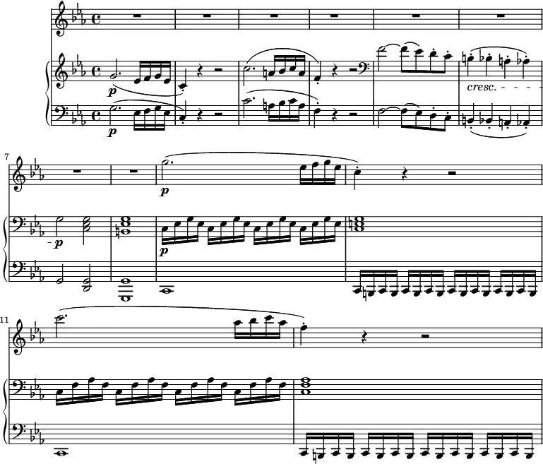 
\version "2.18.2"
\header {
  tagline = ##f
}
upper = \relative c'' {
        \key ees \major
        \time 4/4
        \tempo 4 = 120
      g2.\p (ees16 f g ees c4-.) r4 r2
      c'2. (a16 bes c a f4-.) r4 r2 \clef bass
      f2 ~ f8 (ees) d-. c-. 
      b4-. \cresc (bes-. a-. aes-.)
      g2 \p <c, ees g>
      <b ees g>1
      \set Staff.midiMinimumVolume = #0.2 \set Staff.midiMaximumVolume = #0.5
      c16 \p ees g ees \repeat unfold 3 {c16 ees g ees}
      <c e g>1
      \repeat unfold 4 {c16 f aes f}
      <c f aes>1
   }  
lower =  \relative c' {
         \clef bass 
         \key ees \major
         \time 4/4
         g2.\p (ees16 f g ees c4-.) r4 r2
         c'2. (a16 bes c a f4-.) r4 r2
         f2 ~ f8 (ees) d-. c-. 
         b4-. (bes-. a-. aes-.)
         g2 <d g>
         \set Staff.midiMinimumVolume = #0.2 \set Staff.midiMaximumVolume = #0.5
         <g, g'>1 c1
         \repeat unfold 8 {c16 b}
         c1
         \repeat unfold 8 {c16 b}
    }
     
 vl = \relative c'' {
          \key ees \major
          \time 4/4
        \repeat unfold 8 {R1}
        g'2.\p (ees16 f g ees c4-.) r4 r2
        c'2. (aes16 bes c aes f4-.) r4 r2
       }                
\score {
    \new GrandStaff <<
      \new PianoStaff <<  
        \new Staff = "upper" \upper
        \new Staff = "lower" \lower
    >>
   \new Staff = "vl" \vl
 >>
\layout {
    \context {
      \Score
      \remove "Metronome_mark_engraver"
    }
  }
  \midi { }
}
