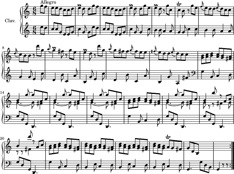 \version "2.18.2"
\header {
  tagline = ##f
}
%% les petites notes
trillE = { \tag #'print { e4\prall } \tag #'midi { f16 e f e } }
trillEfis = { \tag #'print { e4\prall } \tag #'midi { fis16 e fis e } }
trillC = { \tag #'print { c4\trill } \tag #'midi { d16 c d c } }
trillG = { \tag #'print { g4\prall } \tag #'midi { a16 g a g } }
trillAq = { \tag #'print { a8\trill } \tag #'midi { \times 2/3 { a16 b a } } }
upper = \relative c'' {
  \clef treble 
  \key c \major
  \time 6/8
  \tempo 4. = 105
  \set Staff.midiInstrument = #"harpsichord"
      \partial 4
      s8*0^\markup{Allegro} % 
      \repeat unfold 2 { g'8 f e e d c c d | \trillE d8 d } g e |
      % ms. 5
      \trillE d8 r8 g8 c, \trillC b8 r8 g'8 e | \appoggiatura f16 e8 d d \appoggiatura e16 d8 c c | \appoggiatura d16 c8 b b r8 d'8 g, \appoggiatura a16 \trillG fis8 r8 g8 e |
      % ms. 10
     \trillEfis d8 r8 d'8 g, | \appoggiatura a16 g8 fis fis \appoggiatura g16 fis8 e e | \appoggiatura fis16 e8 d d  \appoggiatura e16 d8 c c | < g b >8 < a c > < b d > < a c > < g b > < fis a > | \repeat unfold 3 { << { b4 g'8~ g a, c } \\ { g4.~ g8 fis4 } >> } | < g b >8 < a c > < b d > < a c > < g b > < fis a > | << { b4 g'8~ g a, c } \\ { g4.~ g8 fis4 } >> | << { b4 b'8 r8 a, c | b4 d'8 r8 a, c } \\ { \repeat unfold 2 { g8 r8 r8 fis4 } } >> | < g b >8 < a c > < b d > < a c > < g b > < fis a > |
      % ms. 22
      \repeat unfold 2 { < b d >8 < a c > < g b >  < a c > < g b > < fis a > } |  \tempo 4. = 100 < b d >8 < a c > < g b > \trillAq g8 fis | g d b | s4. | s4. s8
}
lower = \relative c' {
  \clef bass
  \key c \major
  \time 6/8
  \set Staff.midiInstrument = #"harpsichord"
    % **************************************
       \clef treble  e'8 d | c c g  e e g | c4 g8 g e' d | c c g e e g | c4 g8 g 4 c8 | 
       % ms. 5
       b4 b8 a4 a8 | g4 g8 c4 c8 | b4 b8 a4 a8 | g4 g8 e4 c'8 | d,4 b'8 c,4 a'8 |
       % ms. 10
       b,4 g'8 e4 c'8 | d,4 b'8 c,4 a'8 | b,4 g'8 a,4 fis'8 |  \clef bass  \repeat unfold 2 { g,4 b,8 c4 d8 |
       % ms. 14
        \repeat unfold 3 { g8 d g, d4. } } | g'4 b,8 c4 d8 |
       % ms. 22
        \repeat unfold 3 { b4 e8 c4 d8 } g,4. g'8 d b |  \tempo 4. = 80 g4 r8 r8 \bar ":|."
}
thePianoStaff = \new PianoStaff <<
    \set PianoStaff.instrumentName = #"Clav."
    \new Staff = "upper" \upper
    \new Staff = "lower" \lower
  >>
\score {
  \keepWithTag #'print \thePianoStaff
  \layout {
      #(layout-set-staff-size 17)
    \context {
      \Score
     \override SpacingSpanner.common-shortest-duration = #(ly:make-moment 1/2)
      \remove "Metronome_mark_engraver"
    }
  }
}
\score {
  \keepWithTag #'midi \thePianoStaff
  \midi { }
}