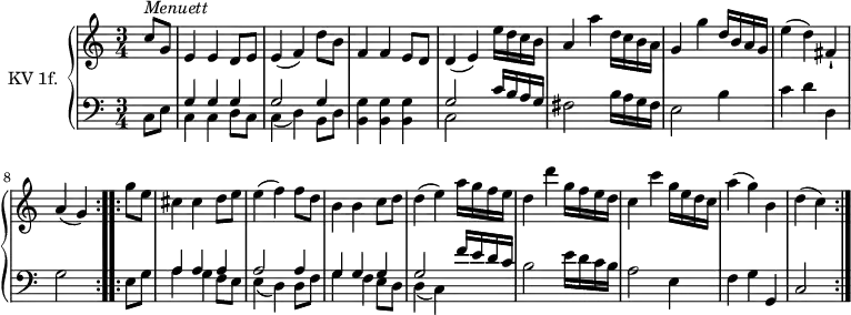 \version "2.14.2"
\header {
tagline = ##f
}
upper = \relative c'' {
\clef treble
\key c \major
\tempo 2. = 52
\time 3/4
\set Staff.midiInstrument = #"dulcimer"
\partial 4
\repeat volta 2 {
c8^\markup \italic { Menuett } g | e4 e d8 e | e4 (f) d'8 b | f4 f e8 d| d4 (e) e'16 d c b| a4 a' d,16 c b a | g4 g' d16 b a g| e'4 (d) fis,-!| a4 (g)
}
\repeat volta 2 {
g'8 e | cis4 cis d8 e | e4 (f) f8 d b4 b c8 d | d4 (e) a16 g f e | d4 d' g,16 f e d | c4 c' g16 e d c | a'4 (g) b, | d (c)
}
}
lower = \relative c {
\clef bass
\key c \major
\time 3/4
\set Staff.midiInstrument = #"harpsichord"
\partial 4
\repeat volta 2 {
c8 e | << \relative { g4 g g } \\ \relative c' { c, c d8 c } >> | << \relative { g2 g4 } \\ \relative c { c (d) b8 d } >> |
<< b4 g'>> << b, g'>> << b, g'>> | << \relative { g2 c16 b a g } \\ \relative c { c2 s4 } >> |
fis2 b16 a g fis | e2 b'4 | c d d, | g2
}
\repeat volta 2 {
e8 g | << \relative { a4 a a } \\ \relative c { a' g f8 e } >>
| << \relative { a2 a4 } \\ \relative c { e4 (d) d8 f } >>
| << \relative { g4 g g } \\ \relative c' { g f e8 d } >>
| << \relative { g2 f'16 e d c } \\ \relative c { d4 (c) s4 } >>
| b2 e16 d c b | a2 e4 | f g g,| c2
}
}
\score {
\new PianoStaff <<
\set PianoStaff.instrumentName = #"KV 1f."
\new Staff = "upper" \upper
\new Staff = "lower" \lower
>>
\layout {
\context {
\Score
\remove "Metronome_mark_engraver"
}
}
\midi { }
}