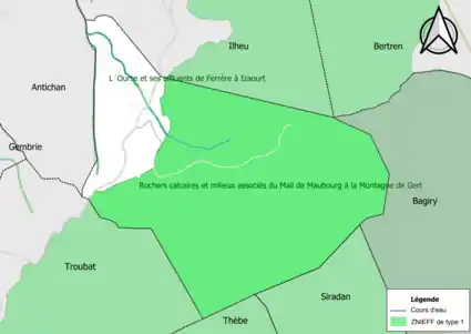 Carte des ZNIEFF de type 1 sur la commune.